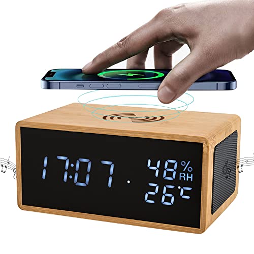 OTGMPIREX Digital Wooden Alarm Clock with Wireless Charging for iPhone, Alarm Clock with Bluetooth Speaker, Clock for Bedroom Aesthetic