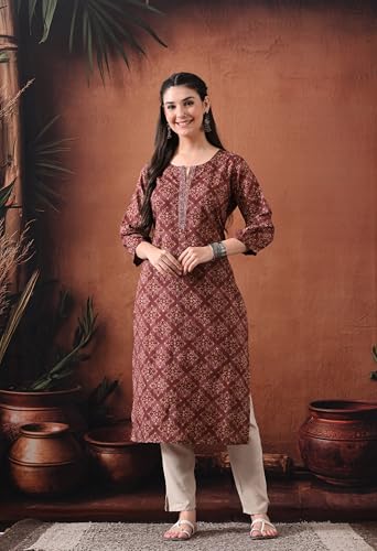 Image of Ichaa Women's Pure Cotton Embroidered Round-Neck Ethnic Kurta with 3 /4th Sleeve for Daily and Office Wear, in Plus Sizes