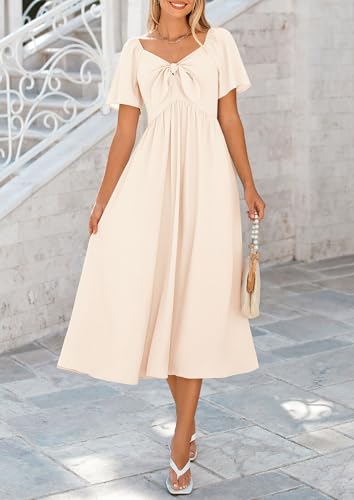 PRETTYGARDEN Summer Dress for Women 2025 Casual Short Sleeve Bow Tie V Neck Ruffle Midi Flowy Dresses3