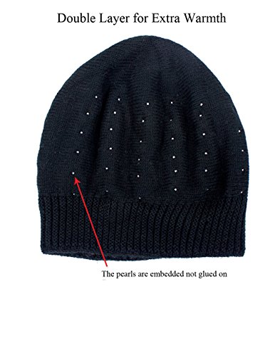 Dahlia Women's Winter Hat - Angora Wool Slouch Beanie w/Pearl Accents, Black