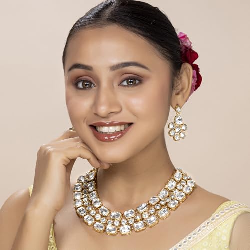 Image of Peora Crystal Studded Gold Plated Layered Long Necklace & Dangle Earring Jewellery Set for Women & Girls