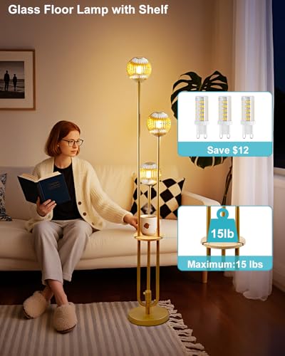 Image of Lightdot Amber Glass Floor Lamp with Shelf 63IN Dimmable Mid Century Modern Gold Standing Lamps 3000K Bulbs Included Globe Floor Lamp with 5Lbs Heavy Base for Living Room /Wedding /Sofa Beside /Corner
