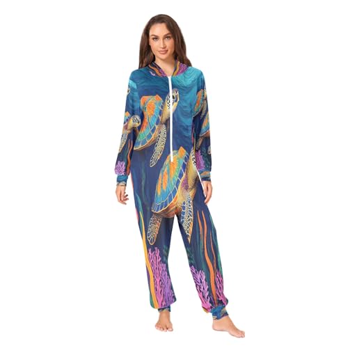 Nexawaveo Pijama enterizo de forro polar ultrasuave para adultos, con capucha y bolsillo, Tortugas Colorido Coral, X-Large