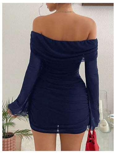 Image of SOLY HUX Women's Ruched Mesh Off Shoulder Bodycon Mini Dress Bell Long Sleeve Club Party Dresses