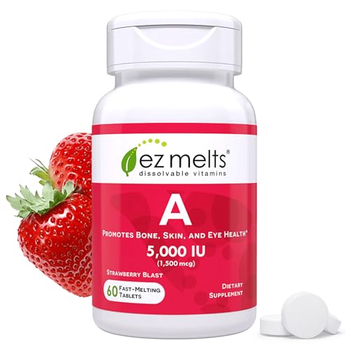 EZ Melts Vitamin A - Skin Eye & Bone Health Supplement - Supports Healthy Nervous System - No Artificial Flavors - Non-GMO & Vegan - Strawberry Blast - 60 Dissolvable Tablets (60 Servings)