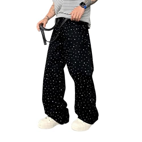 Baggy Jeans Men Sparkly Pearl Bling Rhinestone Y2K Denim Pants Low Rise Parachute Streetwear for Skater Jeans