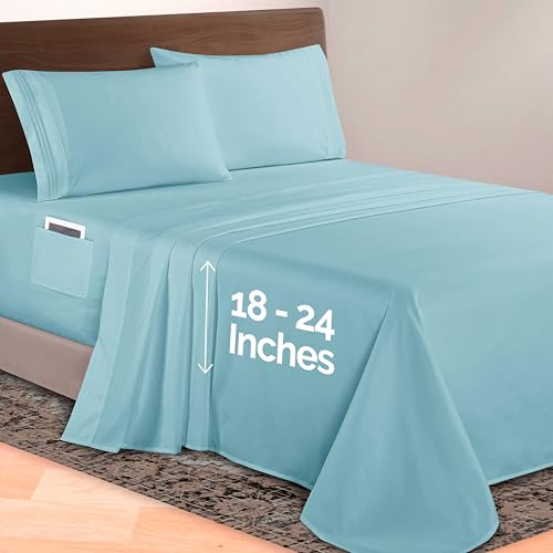 Image of Elegant Comfort Luxurious 1500 Premium Hotel Quality Microfiber 4-Piece Sheet Set, 18-24 Inches Deep - Extra Deep Pocket Sheets - Ultra Soft 4PC Deep Pocket Sheets, California King, Aqua Blue