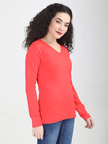 Image of FLEXIMAA Women's Cotton Plain V Neck Full Sleeve T-Shirt
