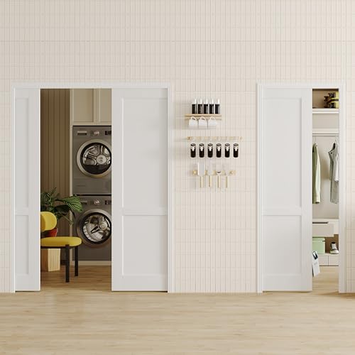 Image of Sliding Pocket Door, 60in.(Double 30 in.) x 80 in, 2-Panel Core with Frame and Hardware Kit Set, Interior Doors for Pocket Door, White Primed - No Panel Assembly Required
