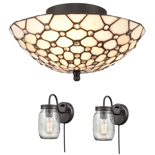 DIRYZON Tiffany Style Ceiling Light and Mason Jar Wall Sconces Bundle