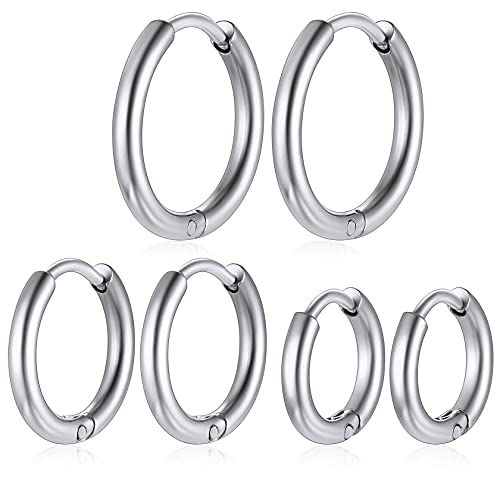 ChainsHouse Hypoallergenic Surgical Stainless Steel Hoop Earrings Set, 18K Gold/Black Metal Plated 7mm/8mm/9mm/12mm 3 Pairs Nickel Free Huggie Hoop Earrings for Women Men, with Gift Box A: s