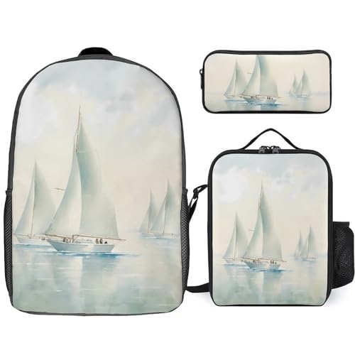 Coastal Sailing Seascape Boats 3 Pieces Set Laptop Backpack Travel Daypack with Lunch Box Pencil Case for Men Women