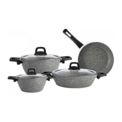 KARACA Gris BioGranite 4 Pieces Granite Cookware Pot and Pan Set. Non-Stick Coating, Natural Granite Copper Pots Pans and Glass Lids, 3 Pots with 3 Glass Lids and 1 Frying Pan, Granite Pots and Pans Cover