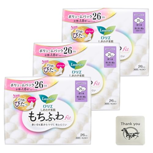 ロリエ しあわせ素肌 もちふわfit 特に多い昼用25cm 26コ入 3個セット 羽つき 無香料 + Kunutonnオリジナルロゴ入りおまけ付