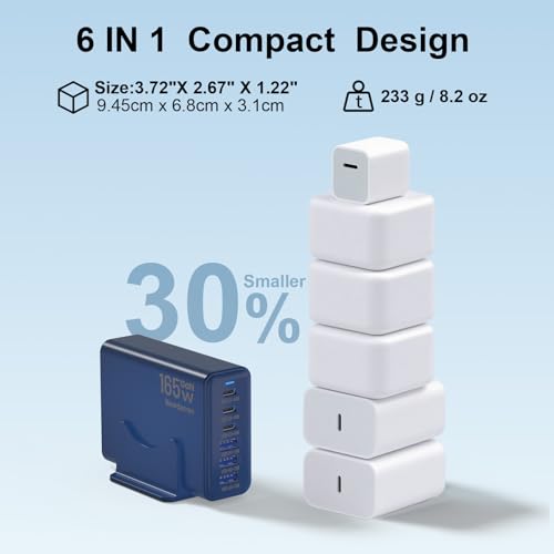 Image of 165W Charging Station, 6 Port Desktop Charger, 3 Ports 40W Blue