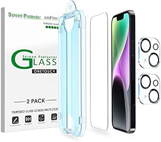 amFilm OneTouch Compatible with iPhone 14 Plus (6.7" 2022) Tempered Glass Screen Protector and Camera Lens Protector, Edge to Edge Full Coverage with Easy Installation Kit (2+2 Pack)