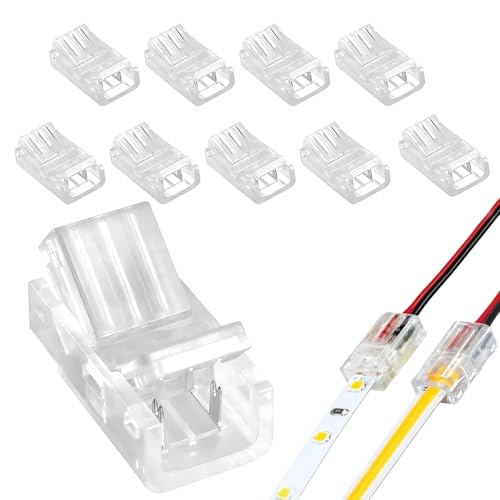 Fresilkora 10Pcs 2 PIN LED Strip Light Connectors, 8mm Wide Gapless Solderless Connector Strip, LED Strip to Wire Connectors, for COB, SMD, Waterproof Light Strips, Single Color LED Connector