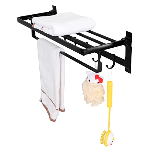 رف فوطة حمام ألومنيوم مع رف تعليق يثبت على الحائط، حامل فوط ومناشف مزدوج قابل للطي مع خطافات لا يحتاج إلى تثقيب من لوكسامج، أسود، 61 سم