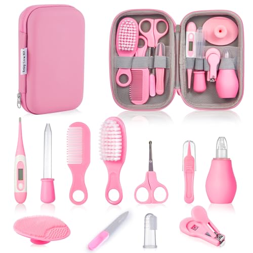 Lictin Baby Pflegeset Neugeborene 12 teilige, Baby Pflegeset mit Thermometer Baby, Nagelschere baby, Nagelfeile Baby, Baby Haarbürste, Baby Bürste, Fingerzahnbürste, Schere, Nasenaspirator (Rosa)