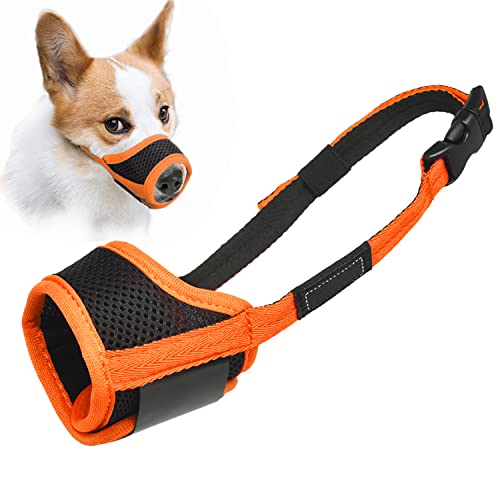 Image of LUCKYPAW Dog Muzzle Anti Biting Barking and Chewing with Comfortable Mesh Soft Fabric and Adjustable Strap, Suitable for Small, Medium and Large Dogs(Orange,XS)