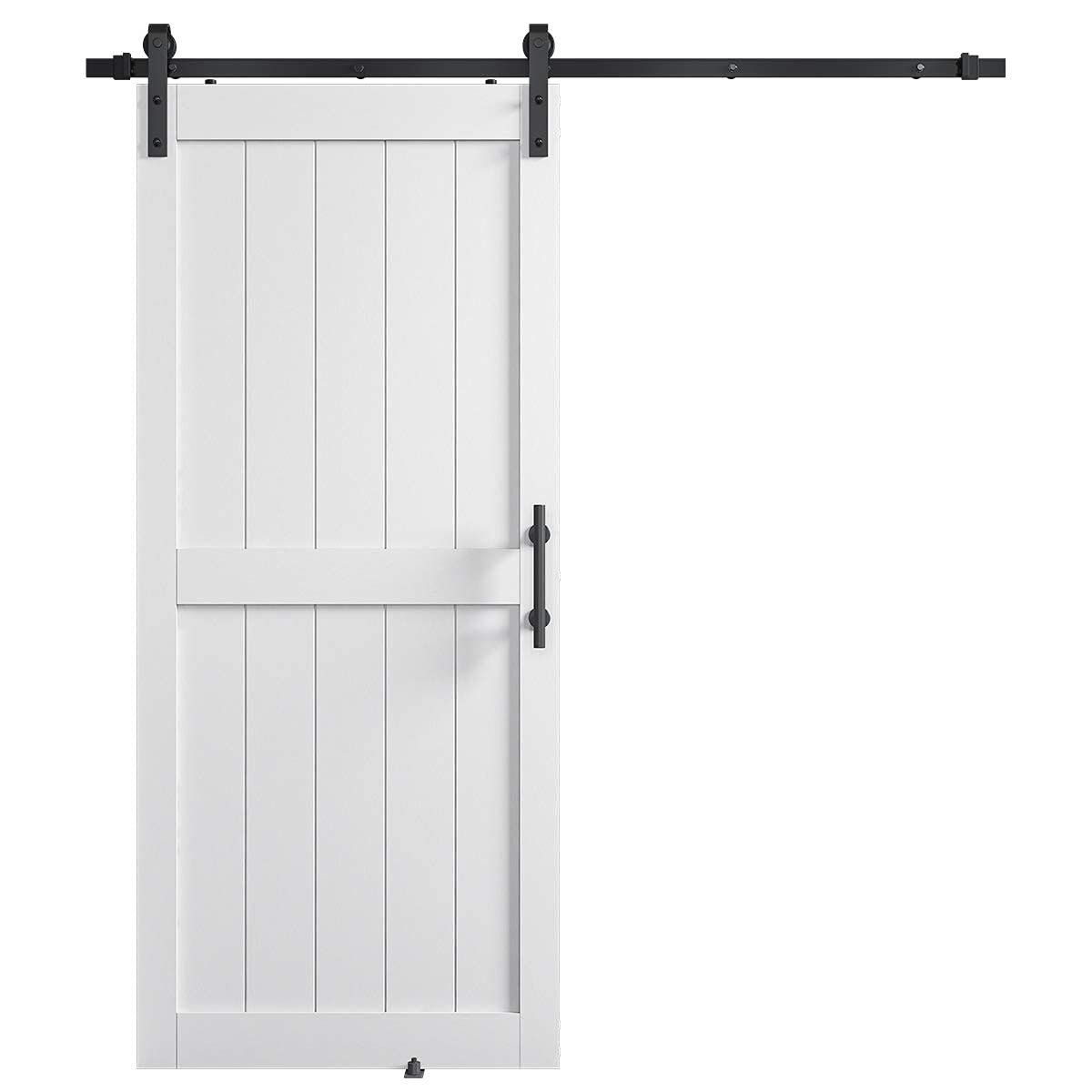 36in x 84in MDF Sliding Barn Door with 6.6ft Barn Door Hardware Kit & Handle, Pre-Drilled Holes Easy Assembly -Solid Barn Door Slab Covered with Water-Proof PVC Surface, White, H-Frame