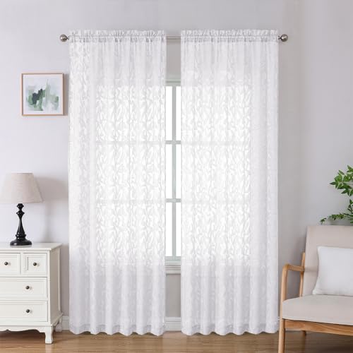 Lecloud Leia White Sheer Curtains 90 Inches Long 2 Panels, Airy Voile Jacquard Leaf Textured Curtains, Light-Filtering Farmhouse Rod Pockets Curtain Drapes for Bedroom Living Room, 52" W x 90" L