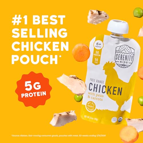 Image of Serenity Kids Organic Chicken Baby Food Pouches, No Added Sugar, 3.5 Oz | Savory Puree, Real Free-Range Organic Baby Food Pouches, Toddler Pouches, Baby Puree, Toddler Food, 6+ Months