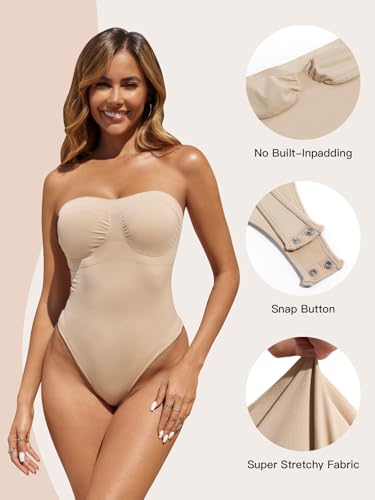 Fisoew Women's Strapless Shapewear Tummy Control Thong Bodysuit One Piece Tube Top Seamless Body Shaper4
