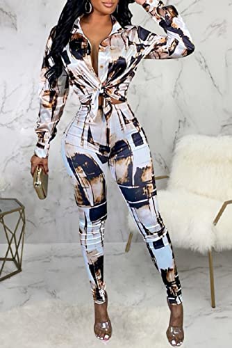 Glozeplus 2 Piece Outfits For Women Sexy Jumpsuits Long Pants Sets Floral Print Long Sleeve Legging Sets Button Tracksuits #TOP2