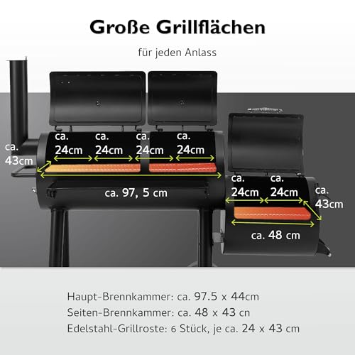 tepro Indianapolis 1146 Massiv Smoker – XXL‑Holzkohlegrill & Smoker mit ca. 97,5×44cm Hauptrost + ca. 48×43cm Seitenkammer, Thermometer, Ablagetisch & Rädern 3