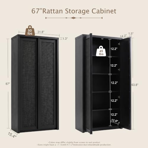 Image of Yechen 67 inch Tall Kitchen Pantry Cabinet, Rattan Storage Cabinet with Solid Wood Integrated Handleand Adjustable Shelves, Cupboard with Doors for Livingroom, Bathroom,Dining Room, Dark Black