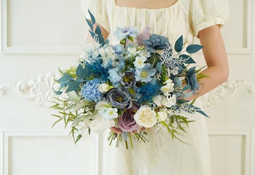 Ramo rústico boho blanco y azul para boda miniatura 3