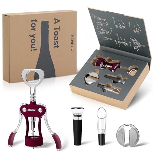 Beneno Multifunctional Wine Bottle Opener Gift Set - Wing Corkscrew, Foil Cutter, Vacuum Stopper & Aerator Pourer, Perfect for Wine Lovers Man Woman, Purple Set