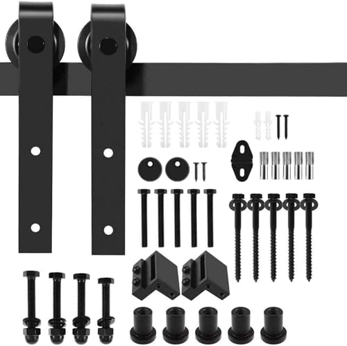 Sliding Barn Door Hardware Kit Heavy Duty Carbon Steel J-Shape Hangers Smooth & Quiet Rolling Track Rail System for Single Wooden Door Fits 35-45mm Thickness Matte Black (Black 5FT)