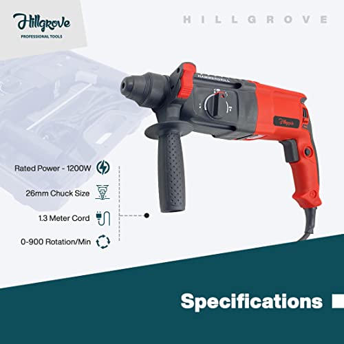 Image of Hillgrove HGCM1041M6 All Purpose 26mm Hammer Impact Drill Machine Forward /Reverse Rotation with 5Pcs SDS Plus Bits for Making Holes in Metal /Wood /Concrete Hammer Drill (26 mm Chuck Size, 1200 W)