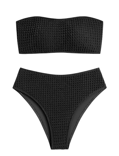 Image of ZAFUL Women's High Cut Bandeau Bikini Set Strapless Solid Color 2 Pieces Bathing Suit Swimsuit