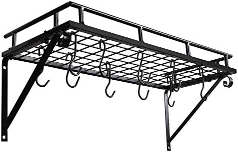 LEMY Wall Mount hanging Pot Pan Rack Kitchen Cookware Storage Organizer with 10 Hooks, Black