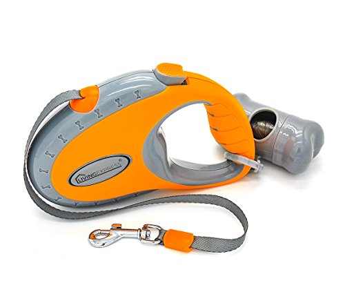 Living Express Retractable Dog Leash for Medium Sized Dogs Weight to 44LBs, 16 Feet Long Tape Tangle Free, Waste Dispenser and Bags Included, Orange