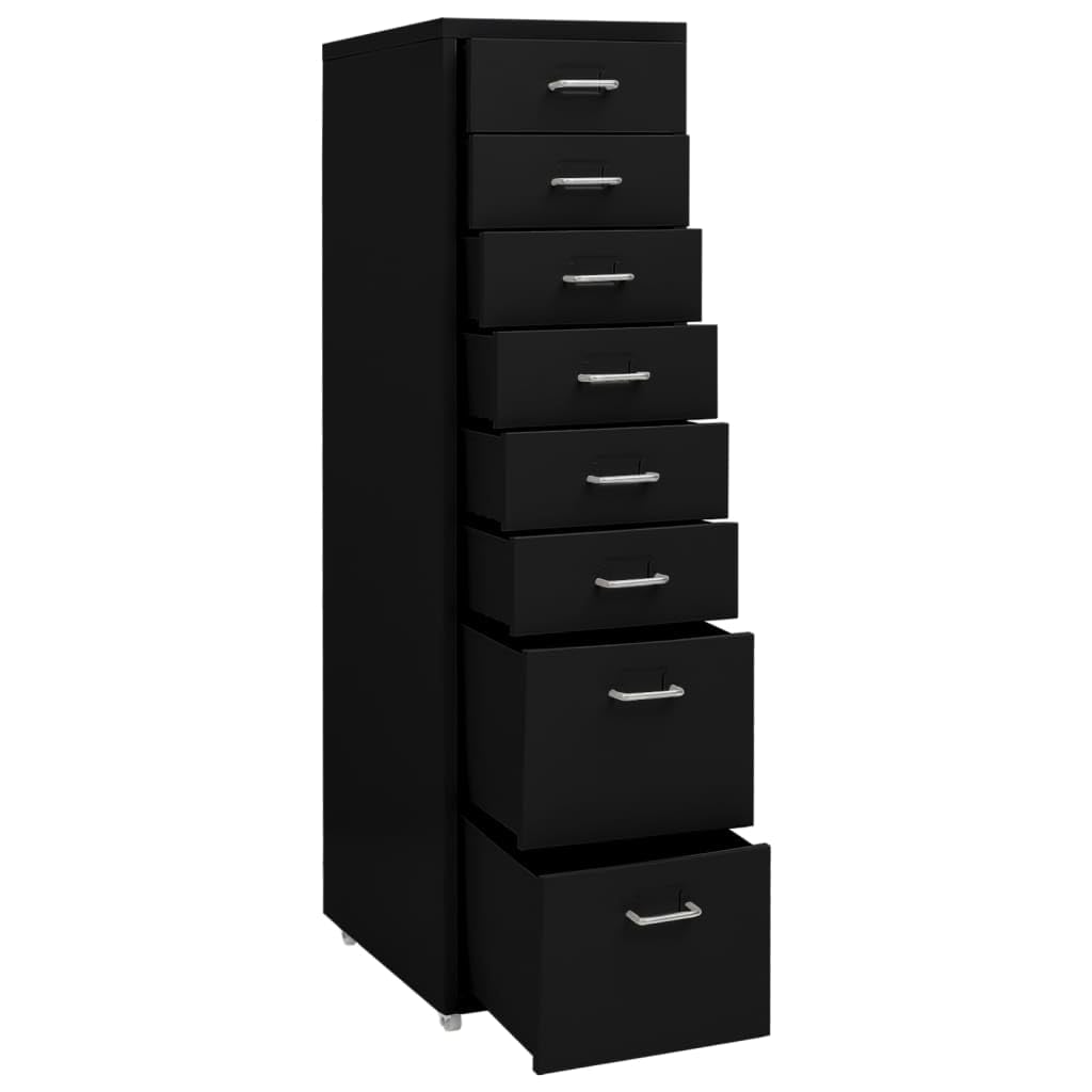 Aktenschrank mit 8 Schubladen, Rollcontainer für das Büro, Schubladenschrank aus Metall, Büroorganisation für Dokumente, 28 x 41 x 109 cm, Schwarz