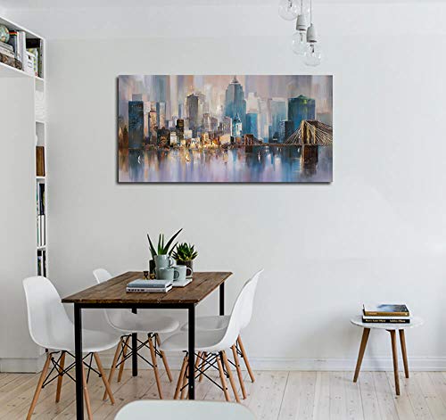 Ardemy Cityscape Canvas Wall Art Abstract Skyline New York City Painting Prints, Modern Brooklyn Bridge Colorful Nyc Picture Framed For Bedroom Living Room Home Office Wall Decor, 48"X24" One Panel #TOP4