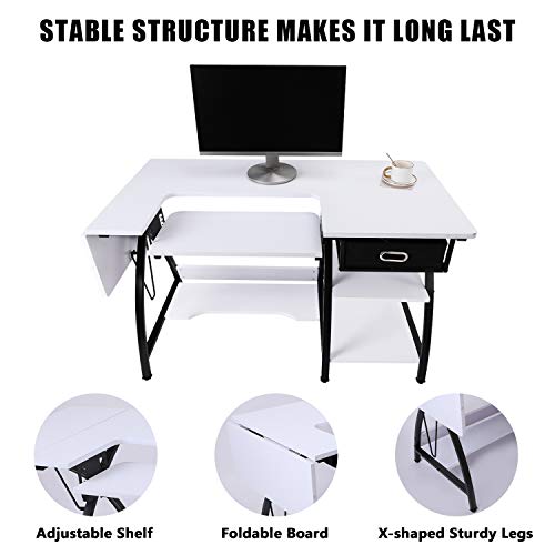BAHOM 2 in 1 Adjustable Sewing Craft Table Desk with Storage Drawer, Multifunctional Craft Cutting Table with 2 Shelves, Sturdy - White - Thumbnail 4