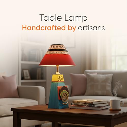 Image of AAKRITI ART CREATIONS MDF Board Table Lamp for Study Room, Bedroom & Living Room Decoration | Madhubani Elephant & Tribal Folk Art Bedside Lamp with Cotton Fabric Shade | Aesthetic Night Lamp