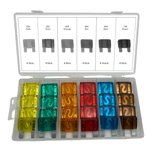 Alkan MAXI (GROßE) - Typ FK3 Kunststoff Flachsicherungen Set 24-tlg. (20A 30A 40A 50A 60A 70A) – Sicherungen Sortiment (30 × 35 mm) | für KFZ, LKW, Wohnmobil & Boot, in Aufbewahrungsbox/Sortimentsbox