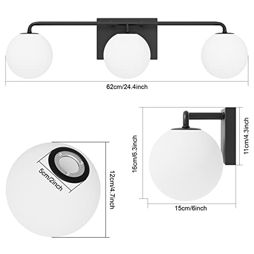 Tipace Mid Century Modern Bathroom Vanity Lights Fixtures 3-Light Black Milk White Globe Glass Industrial Vanity Lighting Over Mirror (Exclude Bulb) by Tipace - Used condition - Image 4