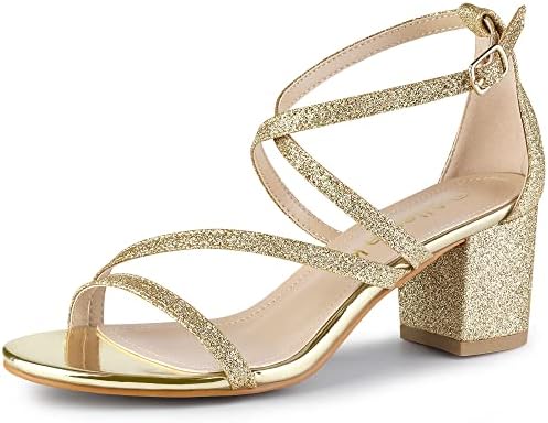 Allegra K Women's Glitter Crisscross Strap Chunky Heels Gold Sandals 7.5 M US