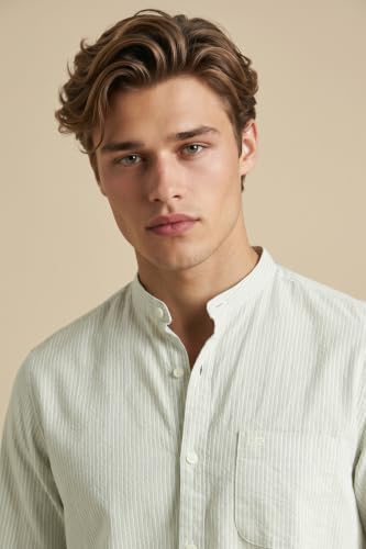 Image of Peter England Men's Casual Mandarin Collar Slim fit Full Sleeve Shirt in 100% Cotton Seersucker with Striped Design