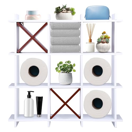Tic Tac Toe Toilet Paper Holder Stand - Wall Toilet Paper Storage - Hanging Tic Tac Toe Decor - Rustic Wall-Mounted Bathroom Shelf - Wooden Decorative Shelf - White with Brown Cross