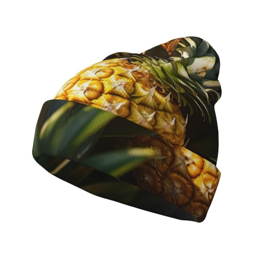 Gorro de invierno con estampado de piña dorada para hombres y mujeres, sombreros de punto con puños, regalos de Navidad, Negro -, talla única