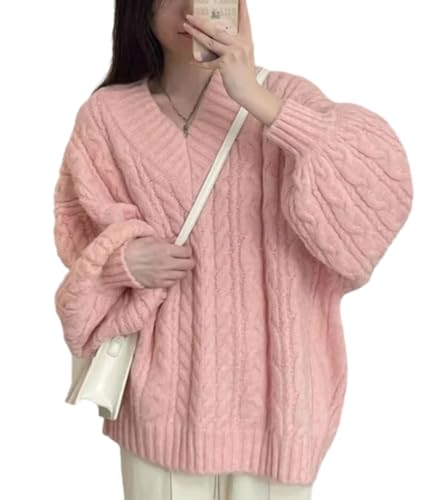 Image of Women's Y2K Oversized Chunky Cable Knit Sweater Casual Long Sleeves V Neck Pullover Tops