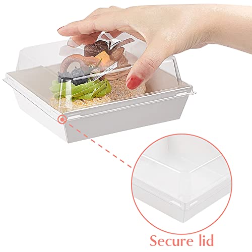 Ocmoiy 50 Pack Paper Charcuterie Boxes With Clear Secure Lids, 5 Inches White Square Disposable Food Containers Bakery Boxes For Sandwich, Slice Cake, Cookies, Hot Cocoa Bombs, Strawberries #TOP2